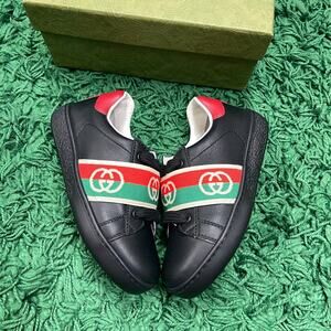 Brand New Gucci Ace Elastic Web GG Black Sneakers Shoes Kids sz 25 US 9C